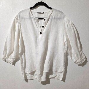Women Linen Henley Top XL 3/4 Sleeve Button Quiet Luxe Money Preppy Beach Casual